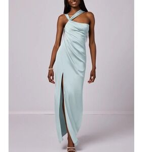 Azazie Barbie Mist Blue One Shoulder Stretch Satin Mermaid Gown Dress A0 NEW